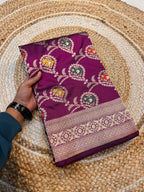 Wine Purple 100% Pure Banarasi Katan Silk Meenakari Saree