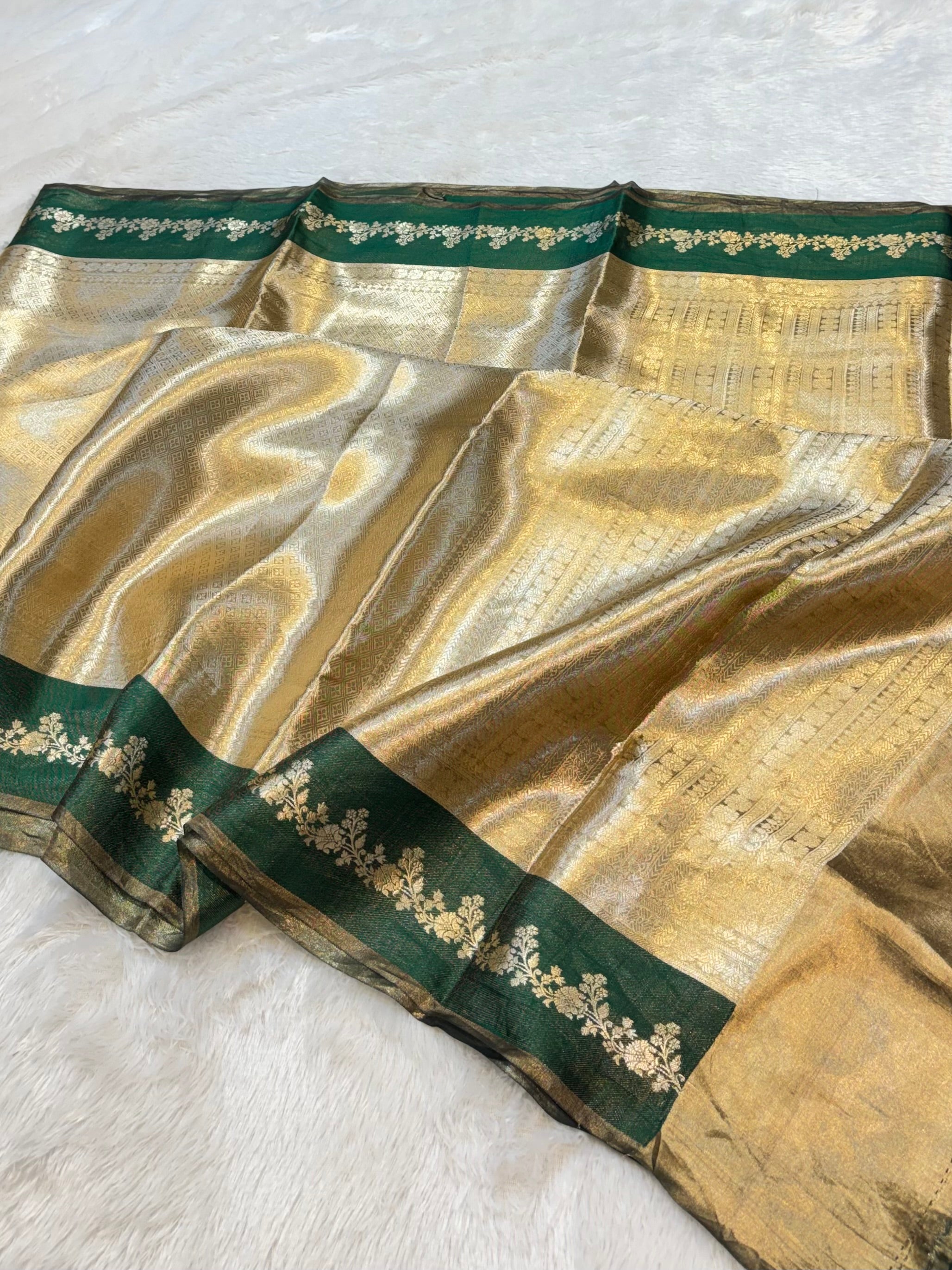 Bottle Green 100% Pure Banarasi Molten Tissue Silk Brocade Saree