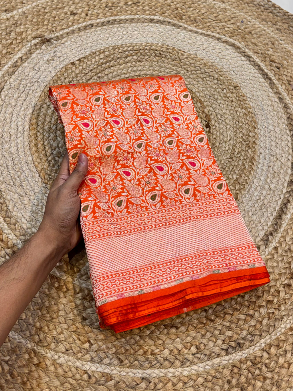 Prebook | Fanta Orange 100% Pure Banarasi Katan Silk Meenakari Brocade Saree