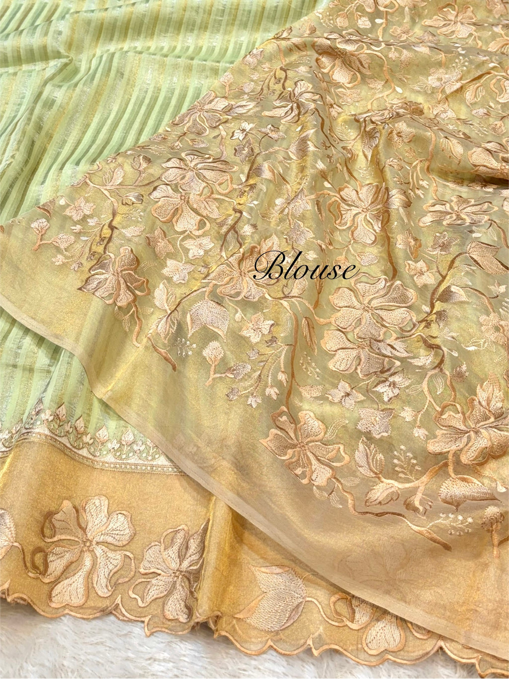 Pastel Green 100% Pure Handloom Stripes Tissue Silk Partywear Banarasi Embroidery Lightweight Sarees
