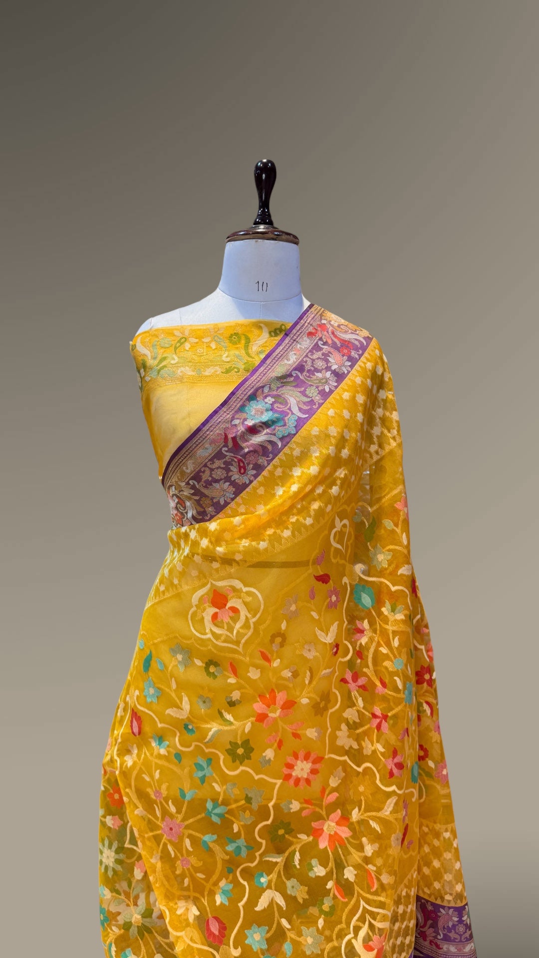 Sunflower Yellow 100% Pure Ektara Banarasi Kora Jamdani Saree