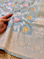 Powder Blue 100% Pure Banarasi Katan Silk Meenakari Saree