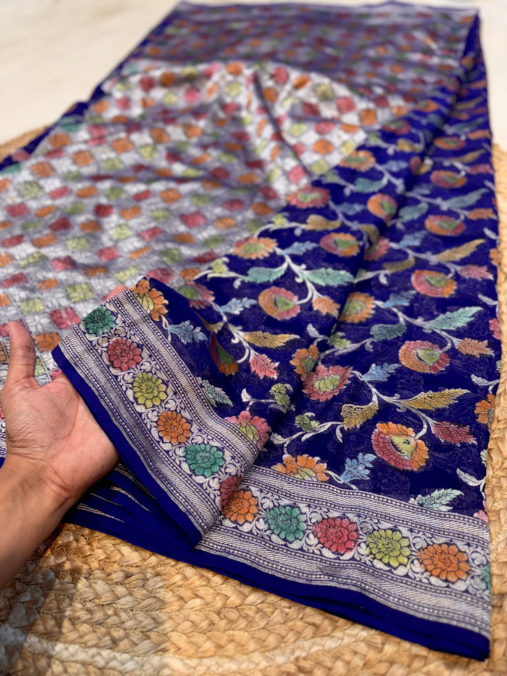 Royal Blue 100% Pure Banarasi Khaddi Georgette Meenakari Saree