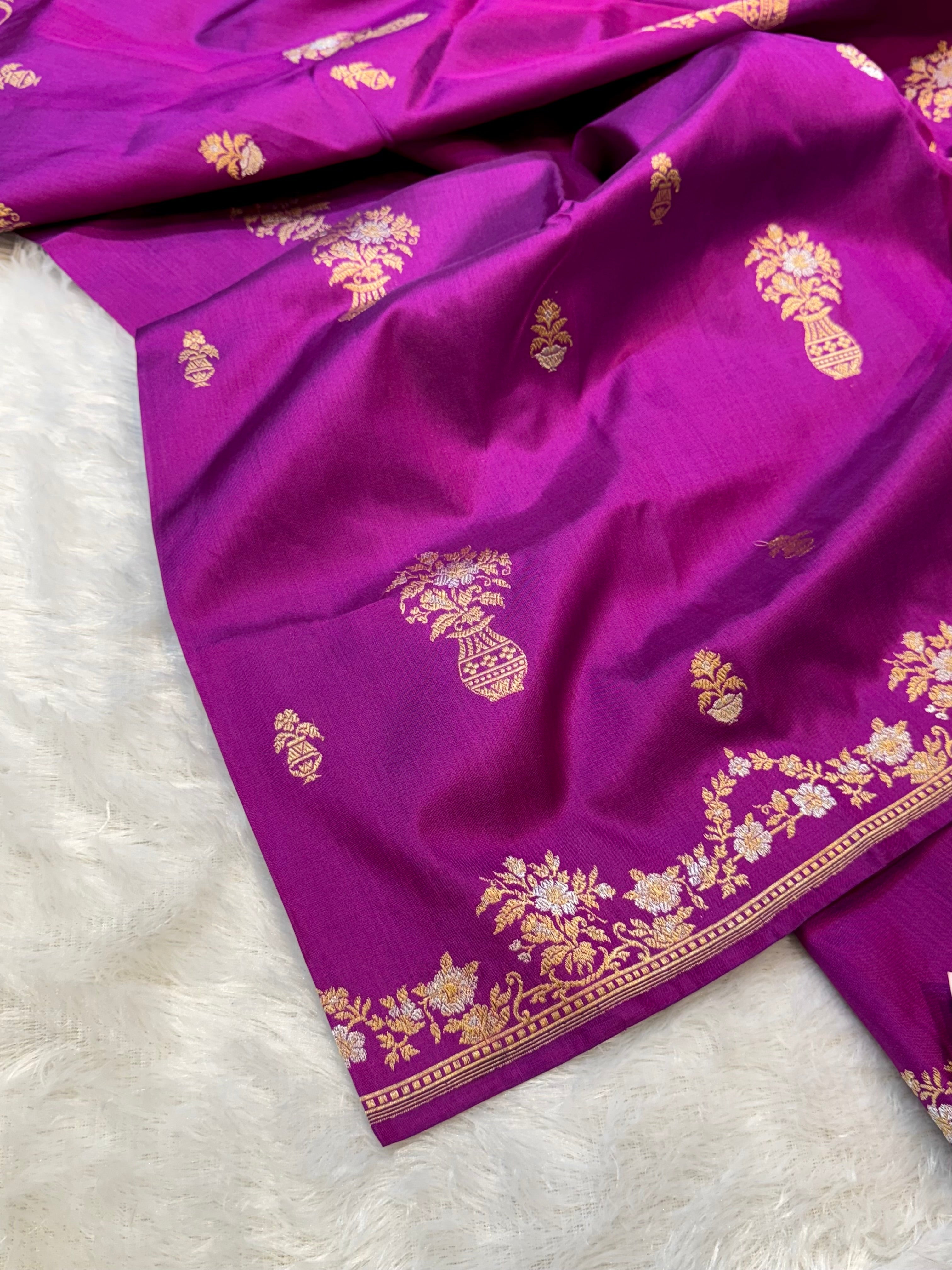 Purple 100% Pure Banaras Katan Silk Handloom Handwoven Pattu Saree