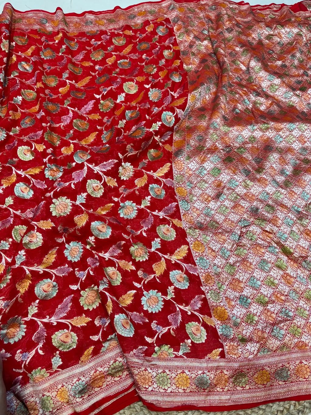 Red 100% Pure Banarasi Khaddi Georgette Meenakari Saree