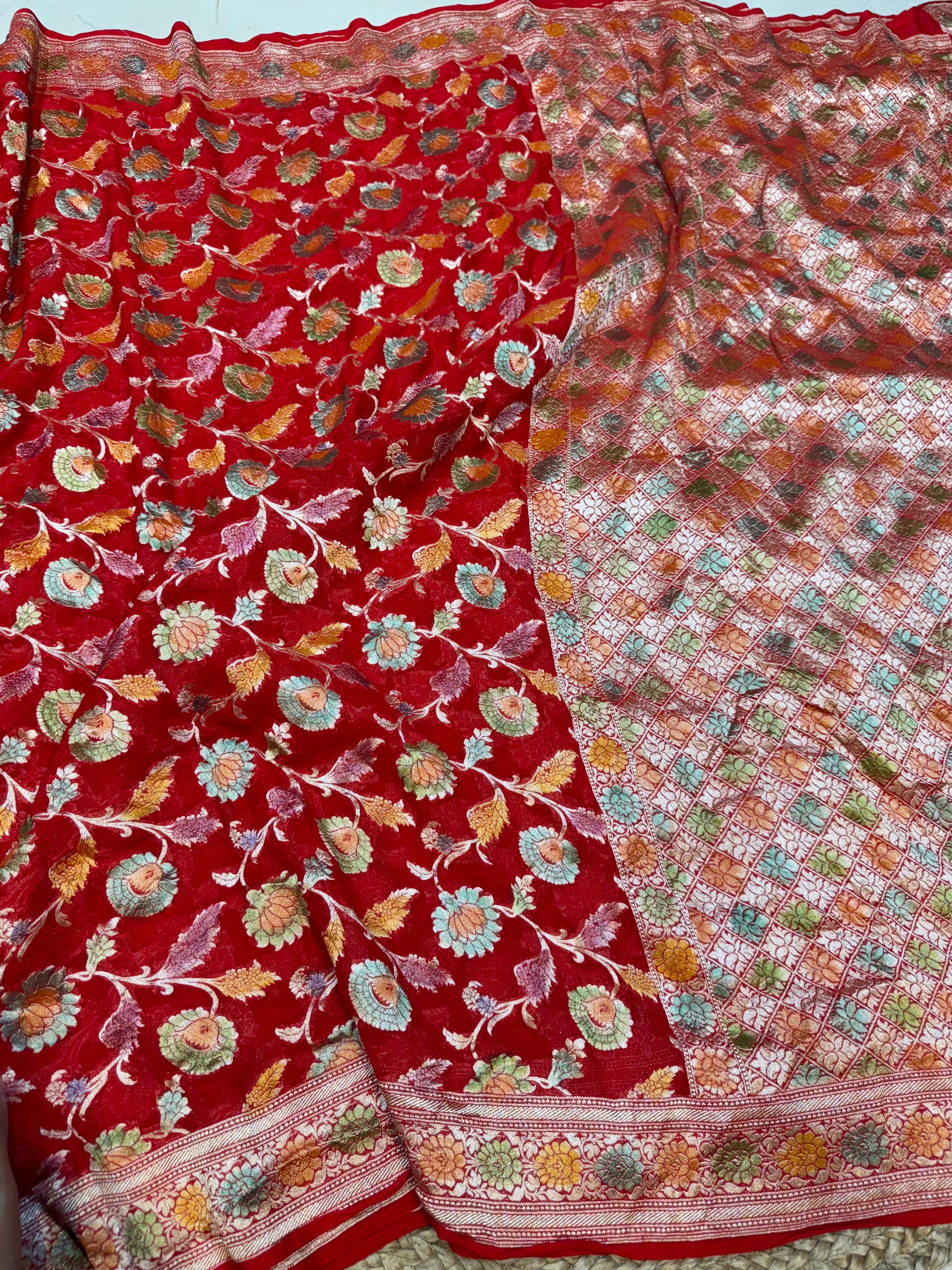 Red 100% Pure Banarasi Khaddi Georgette Meenakari Saree