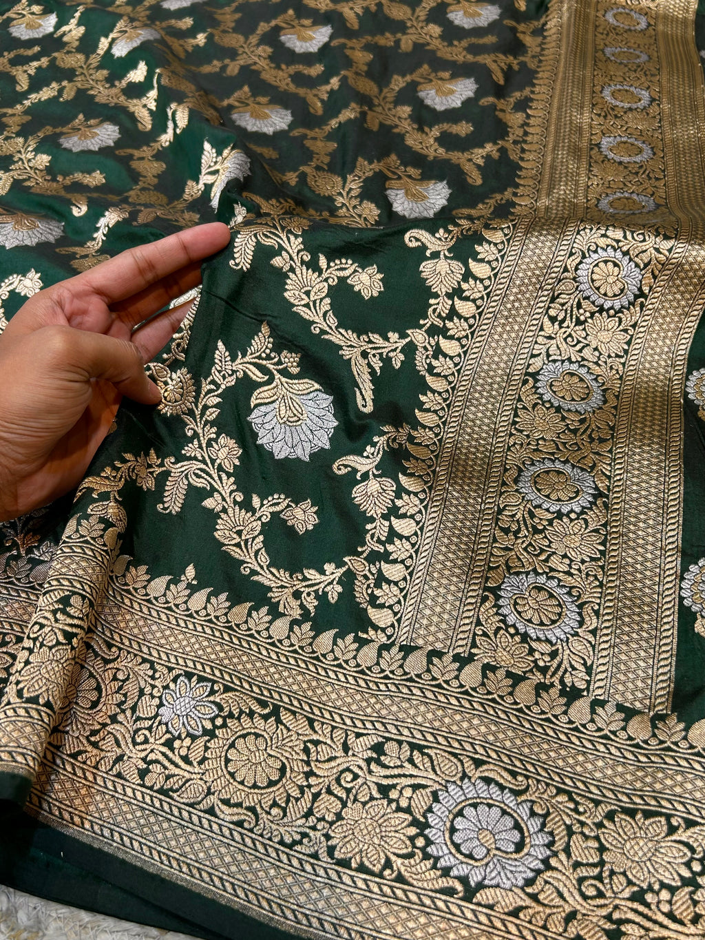 Bottle Green 100% Pure Banarasi Katan Silk Meenakari Saree