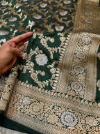 Bottle Green 100% Pure Banarasi Katan Silk Meenakari Saree