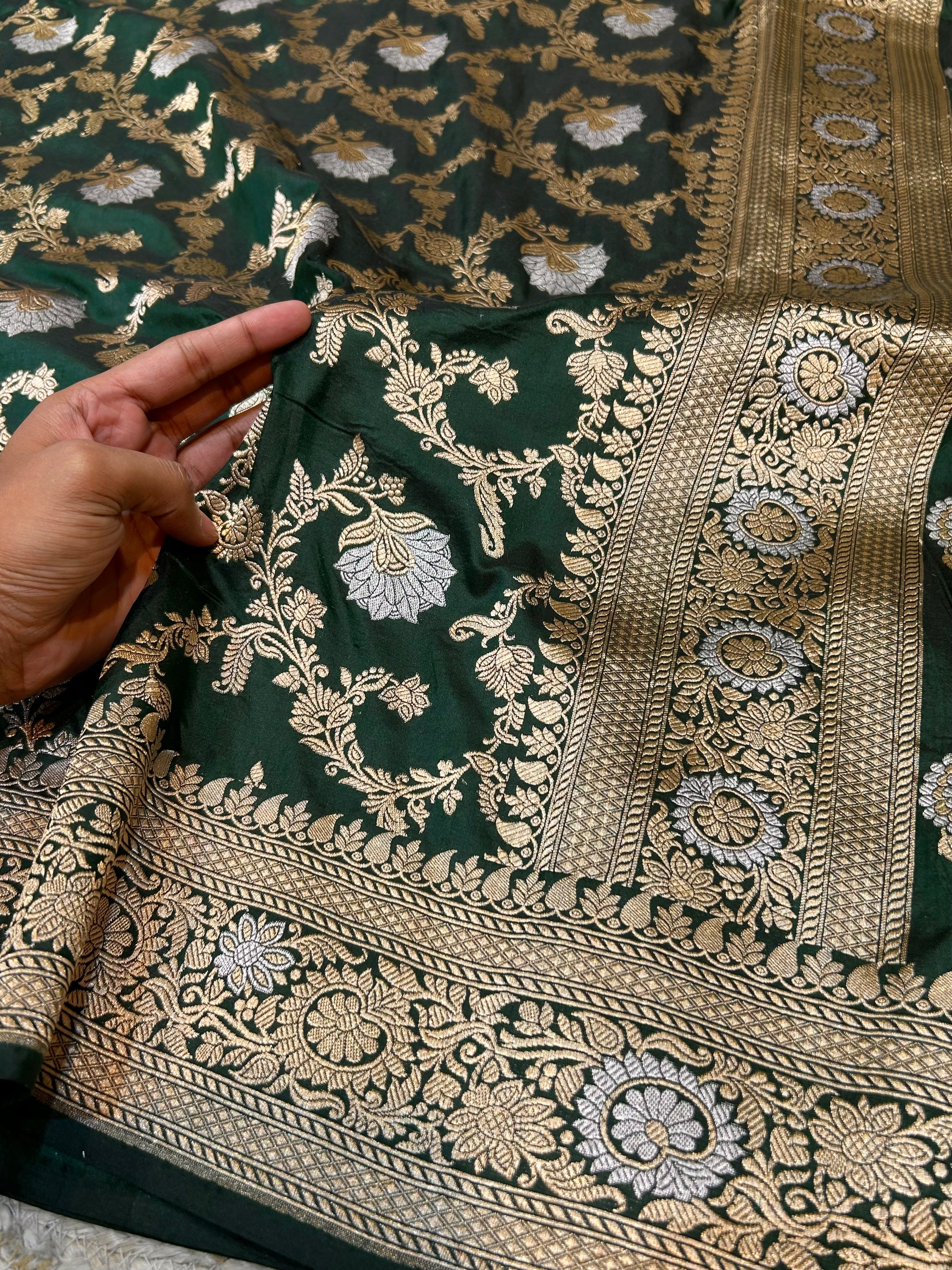 Bottle Green 100% Pure Banarasi Katan Silk Meenakari Saree