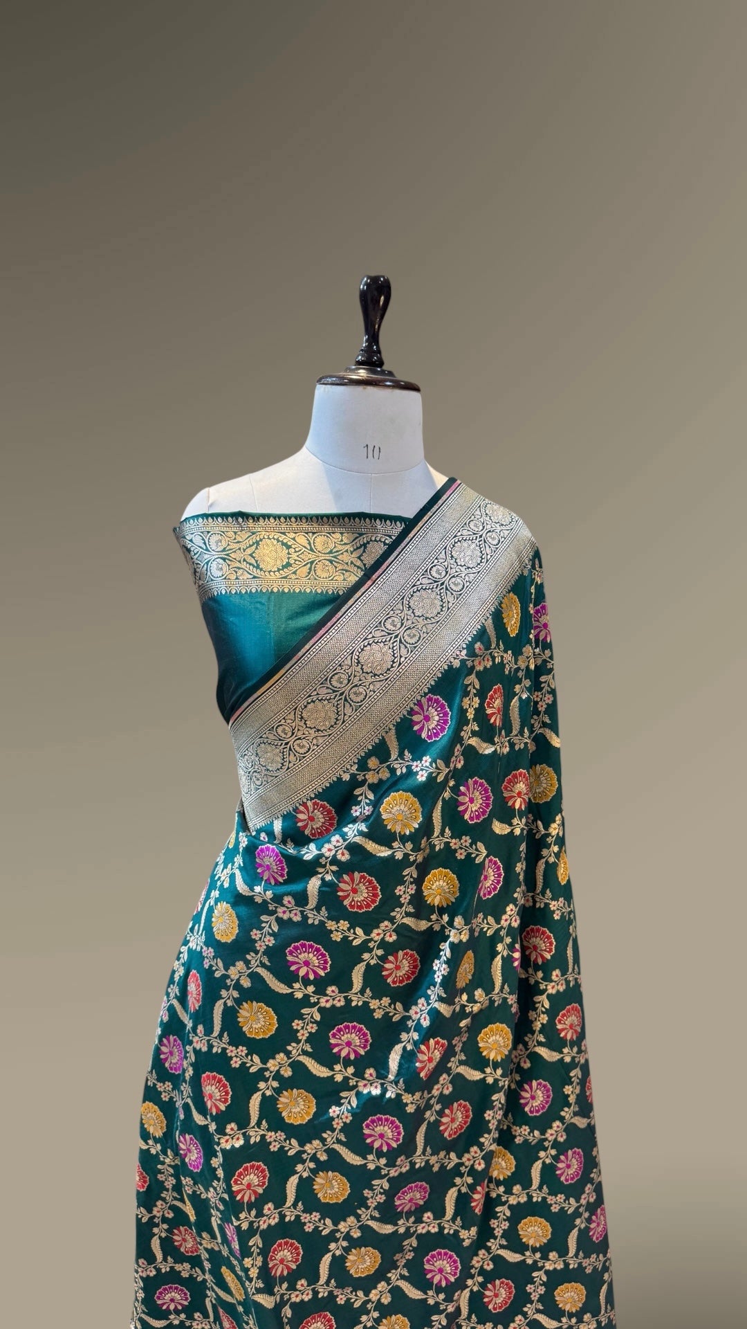 Bottle Green 100% Pure Banarasi Katan Silk Meenakari Saree