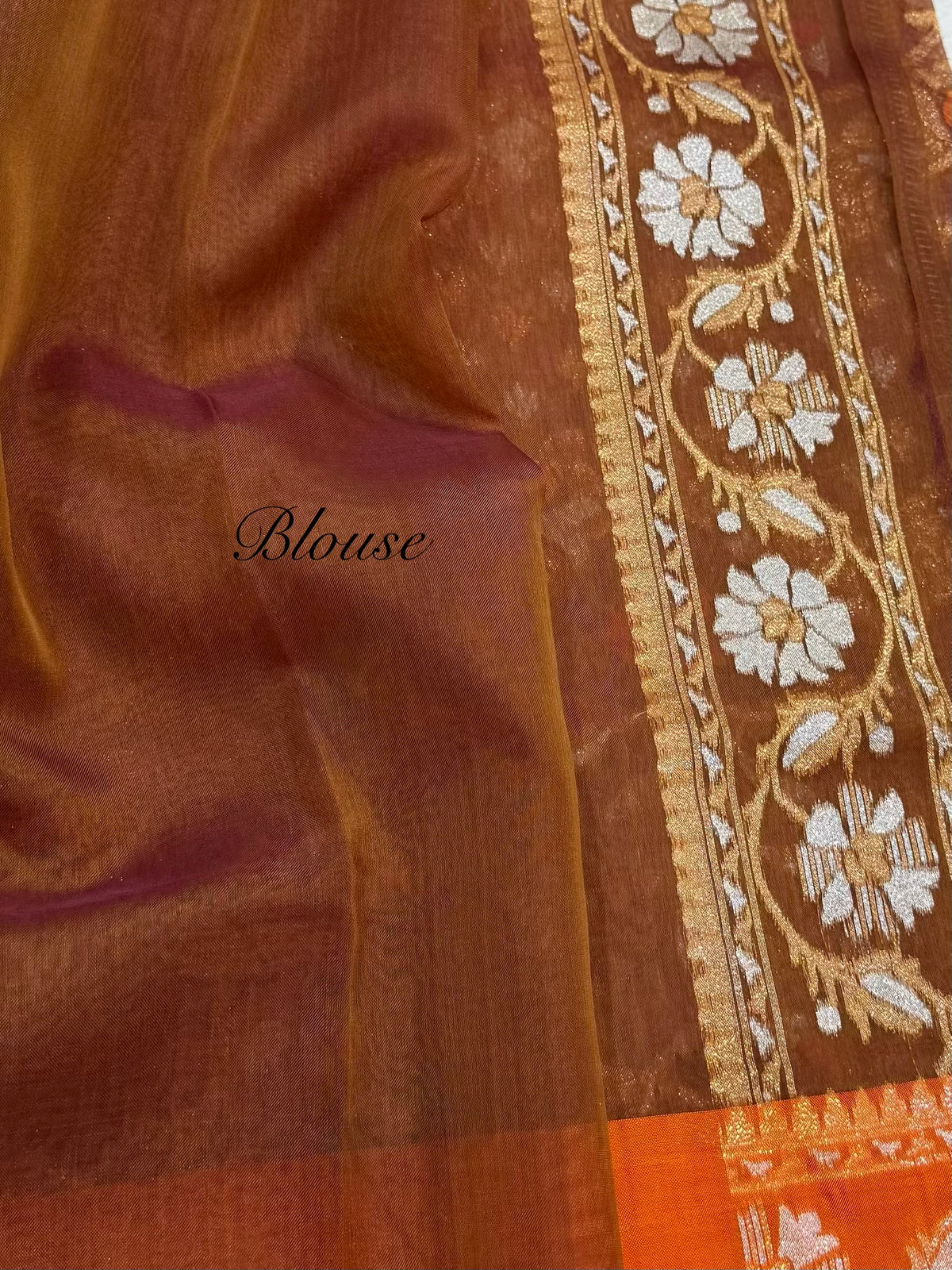 Prebook | Rust Pure Banarasi Ektara Kora Jamdani Saree