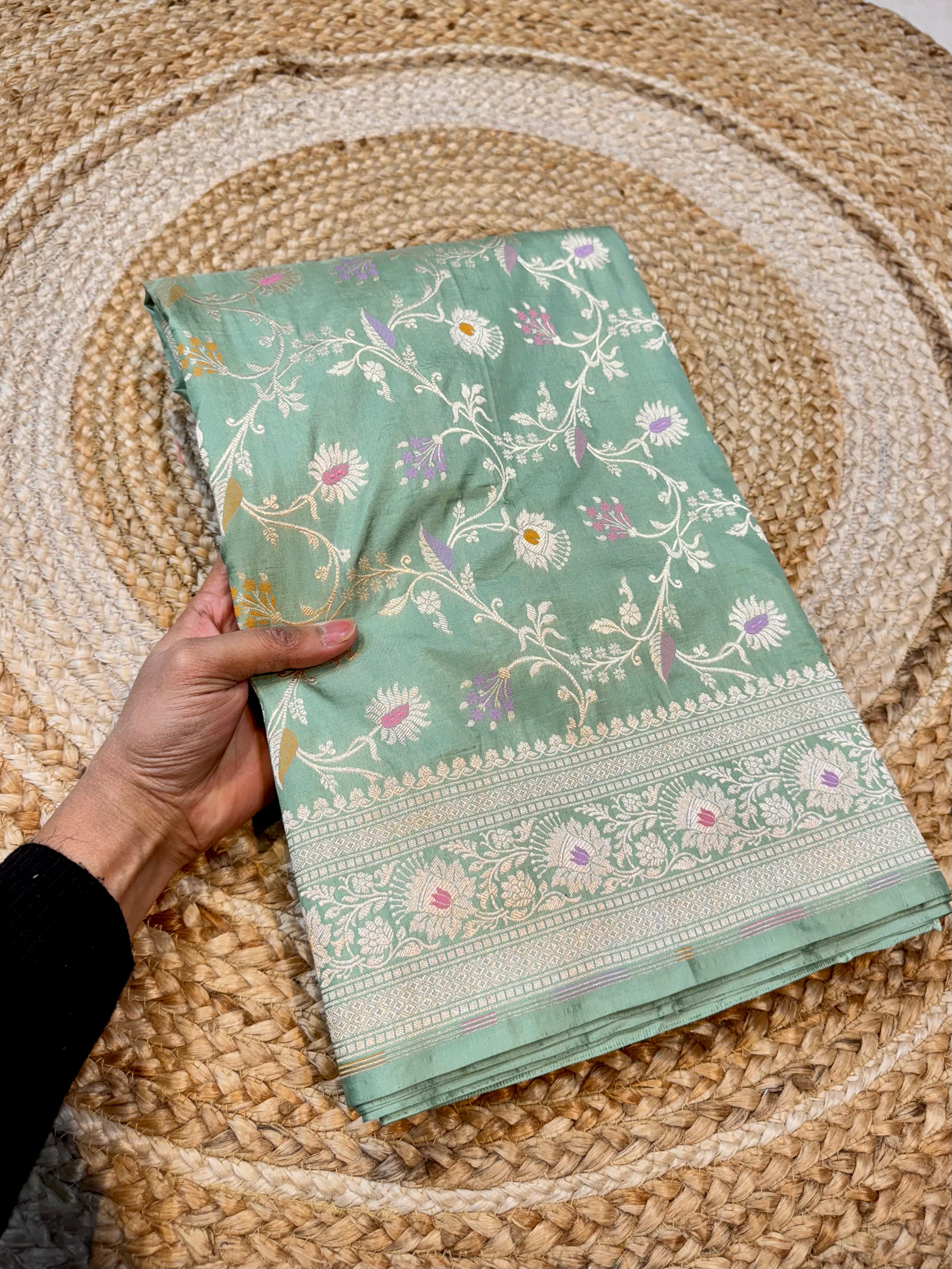 Pastel Sage Green 100% Pure Banarasi Katan Silk Meenakari Saree