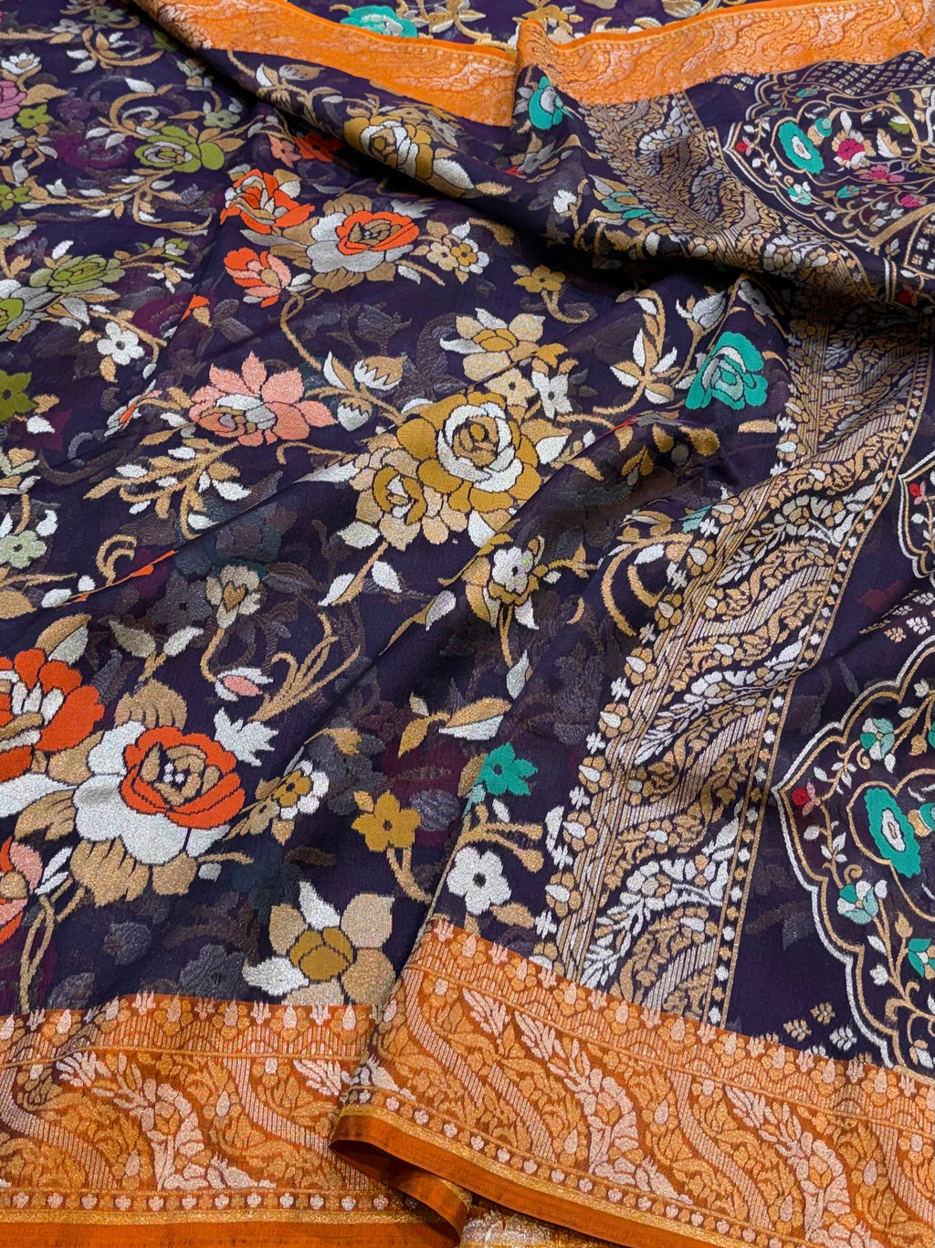 Prebook | Dark Blue Pure Banarasi Ektara Kora Jamdani Saree