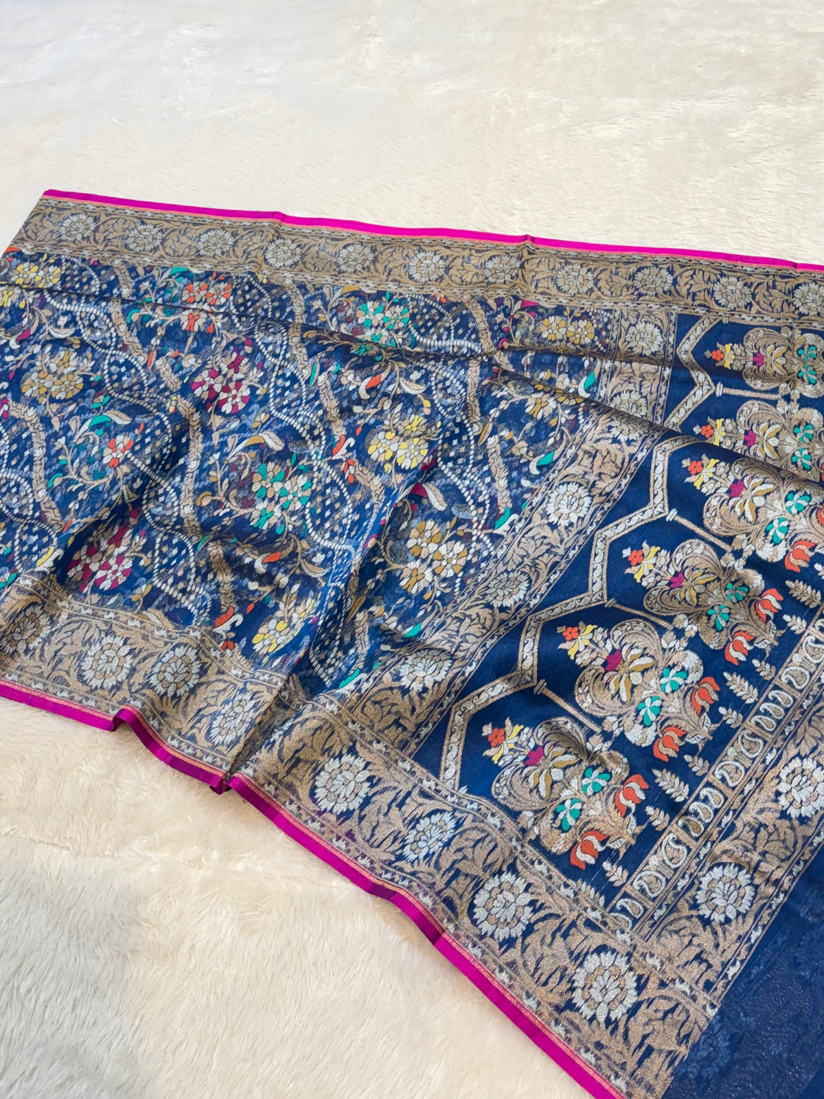 German Blue 100% Pure Ektara Banarasi Kora Jamdani Saree
