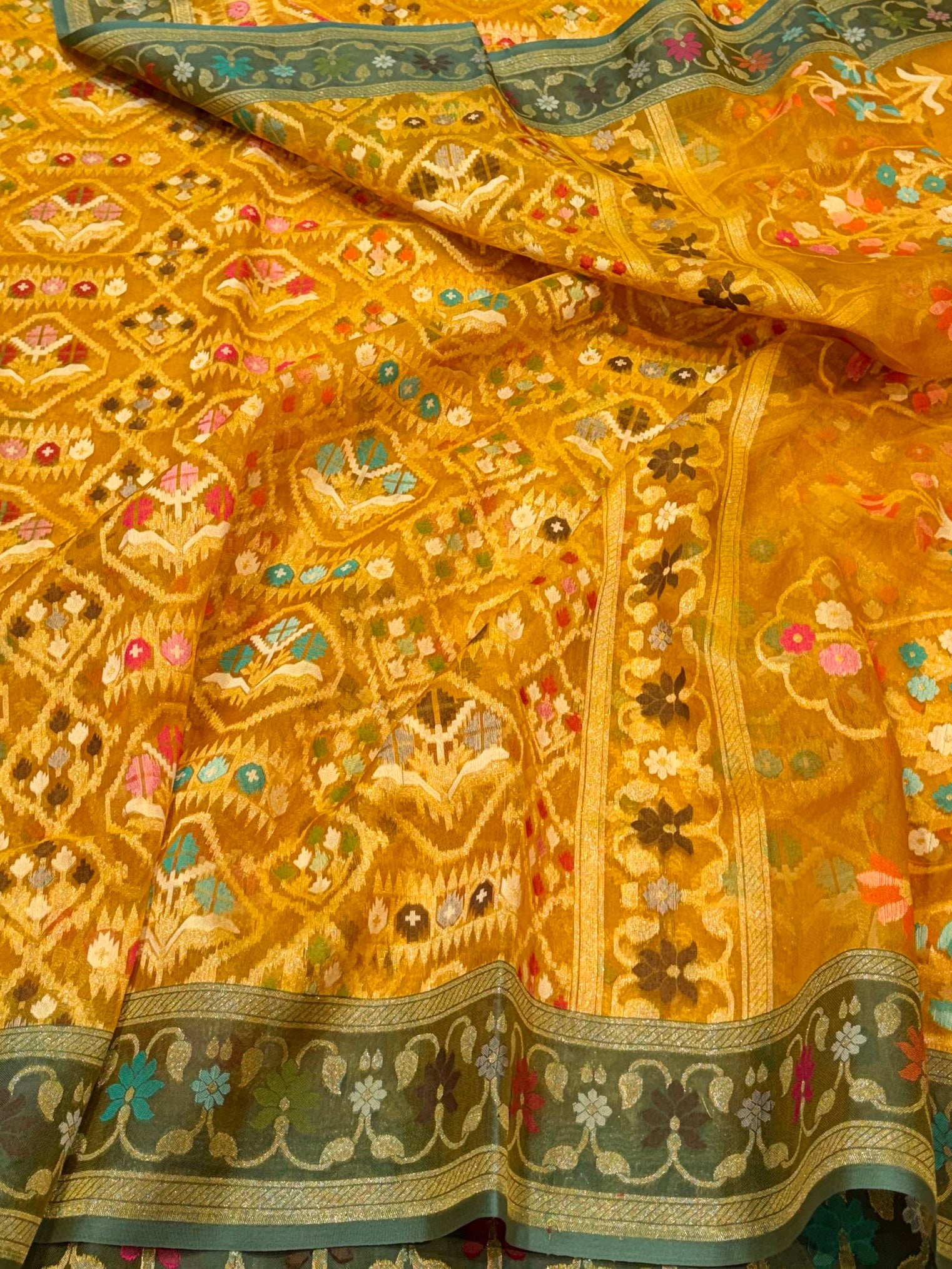 Prebook | Golden Yellow 100% Pure Ektara Banarasi Kora Jamdani Saree