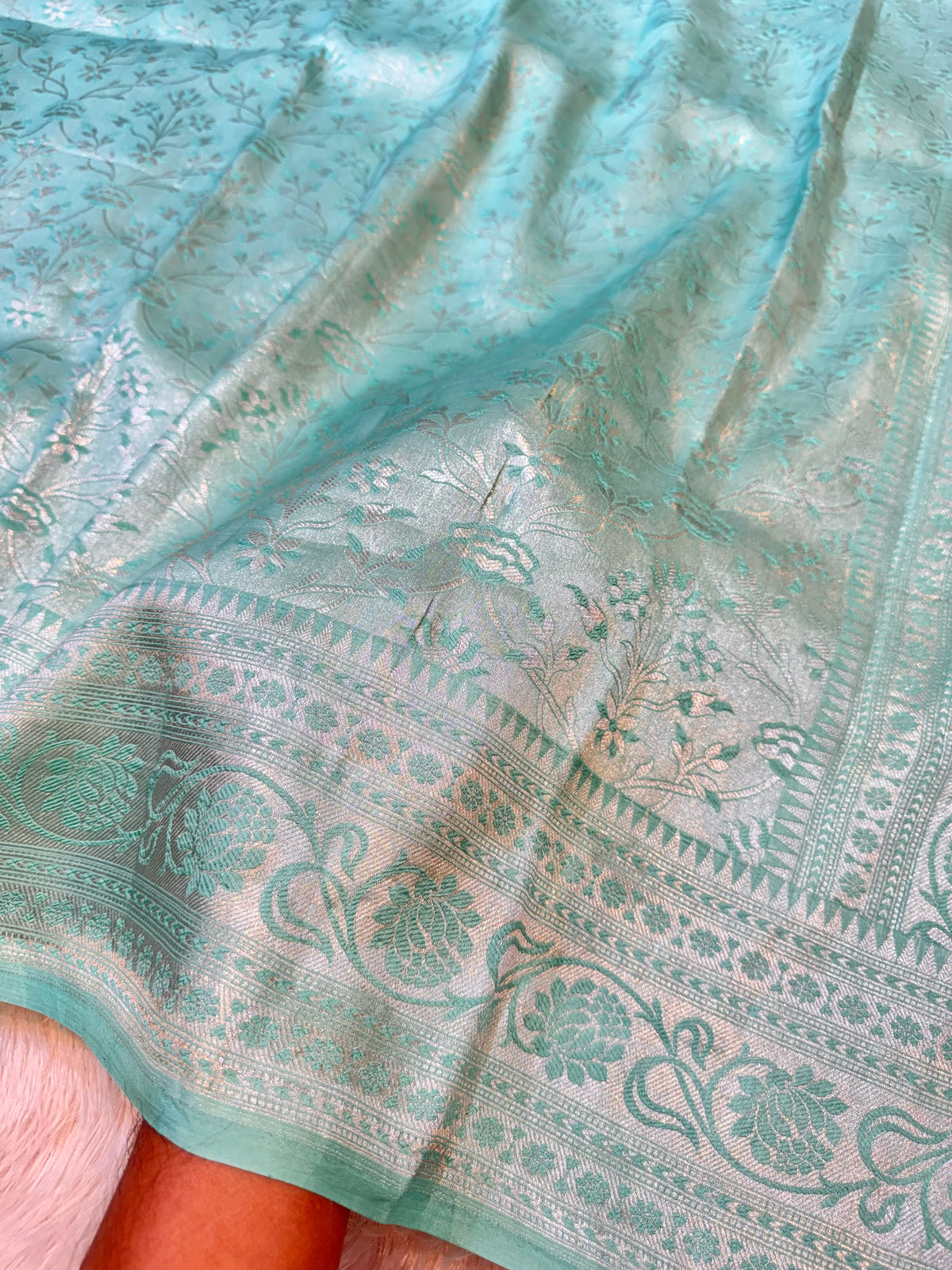 Cyan Blue Pure Handloom Banarasi Mashru Silk Saree