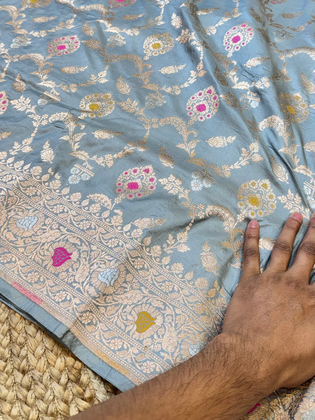 Powder Blue 100% Pure Banarasi Katan Silk Meenakari Saree