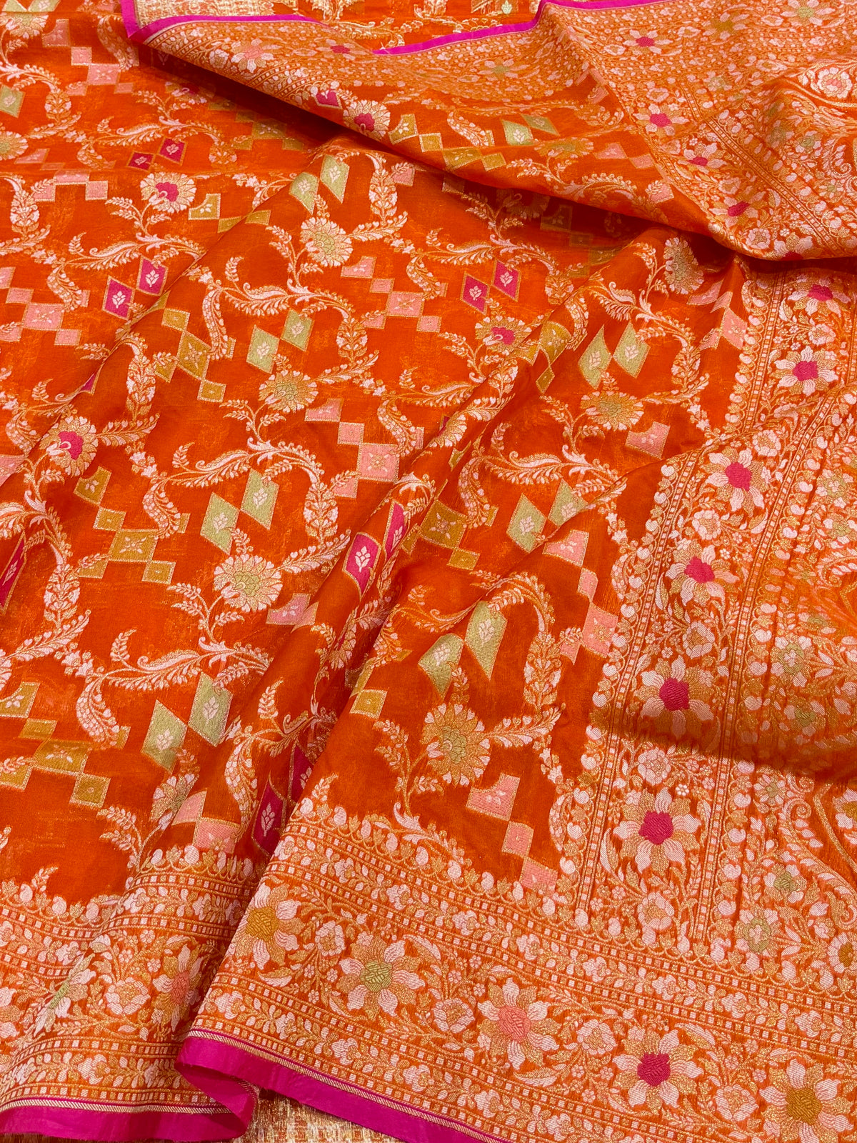 Fanta Orange Pure Handloom Banarasi Ektara Kora Jamdani Saree