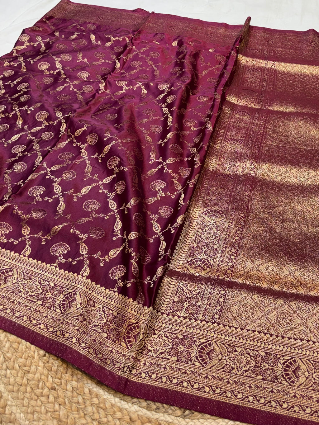 Wine Banarasi Soft Mashru Silk Partywear Saree