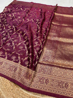 Wine Banarasi Soft Mashru Silk Partywear Saree