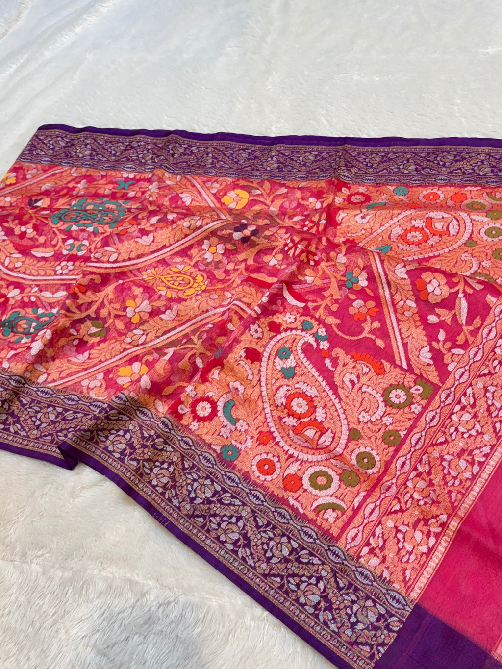 Prebook | Pink Pure Banarasi Ektara Kora Jamdani Saree