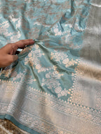 Powder Blue 100% Pure Banarasi Katan Silk Saree