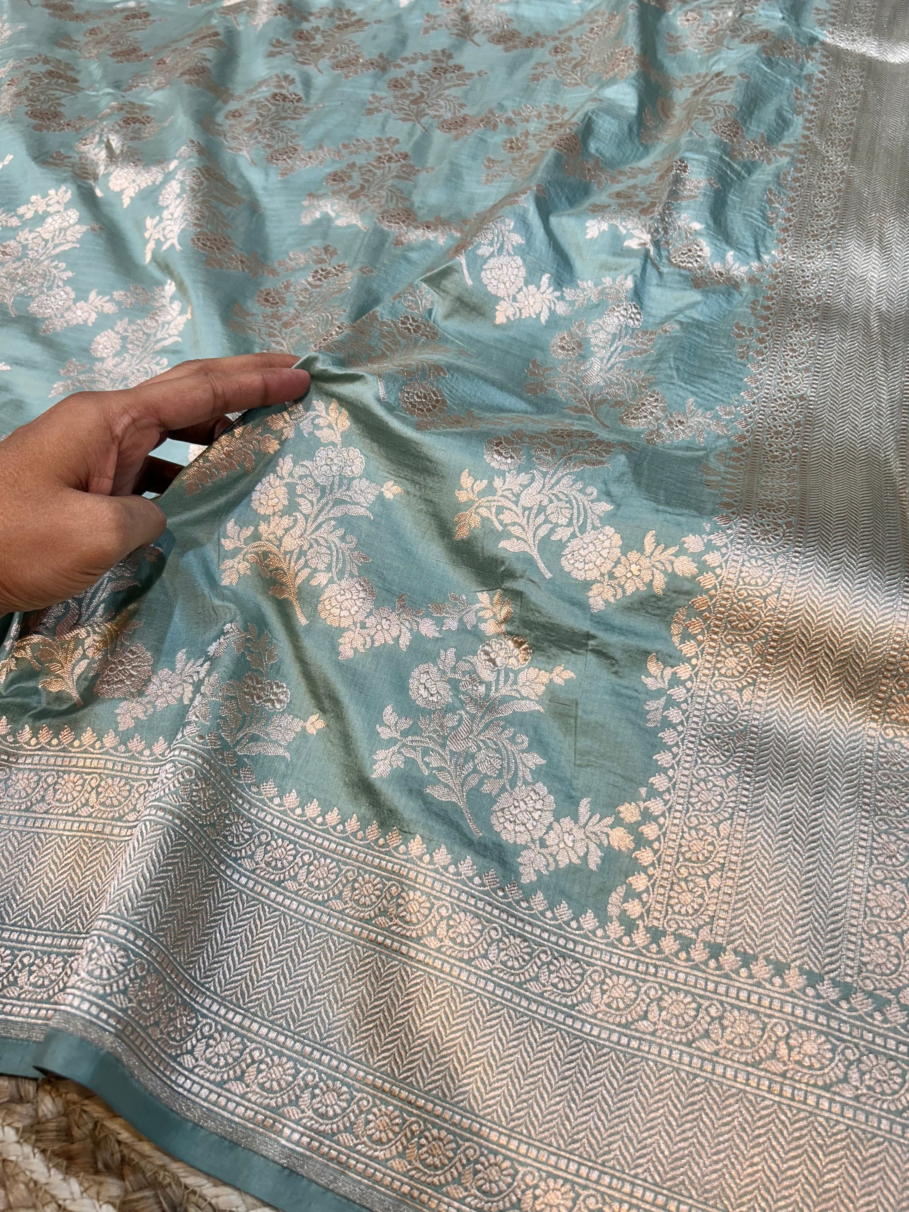 Powder Blue 100% Pure Banarasi Katan Silk Saree