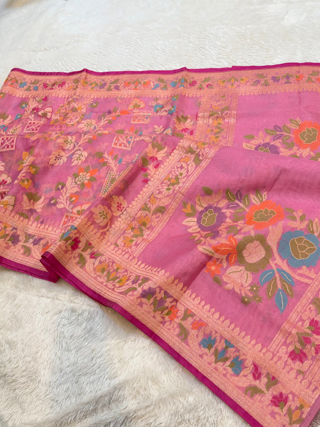 Baby Pink Pure Handloom Banarasi Ektara Kora Jamdani Saree