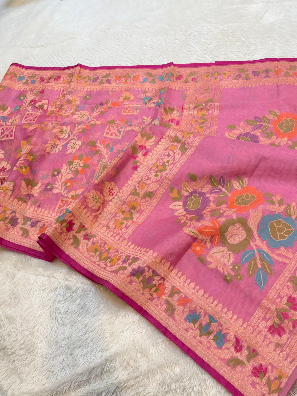 Baby Pink Pure Handloom Banarasi Ektara Kora Jamdani Saree