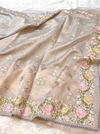 Mouse Tussar Silk Partywear Banarasi Embroidery with Tissue Applique Lightweight Sarees