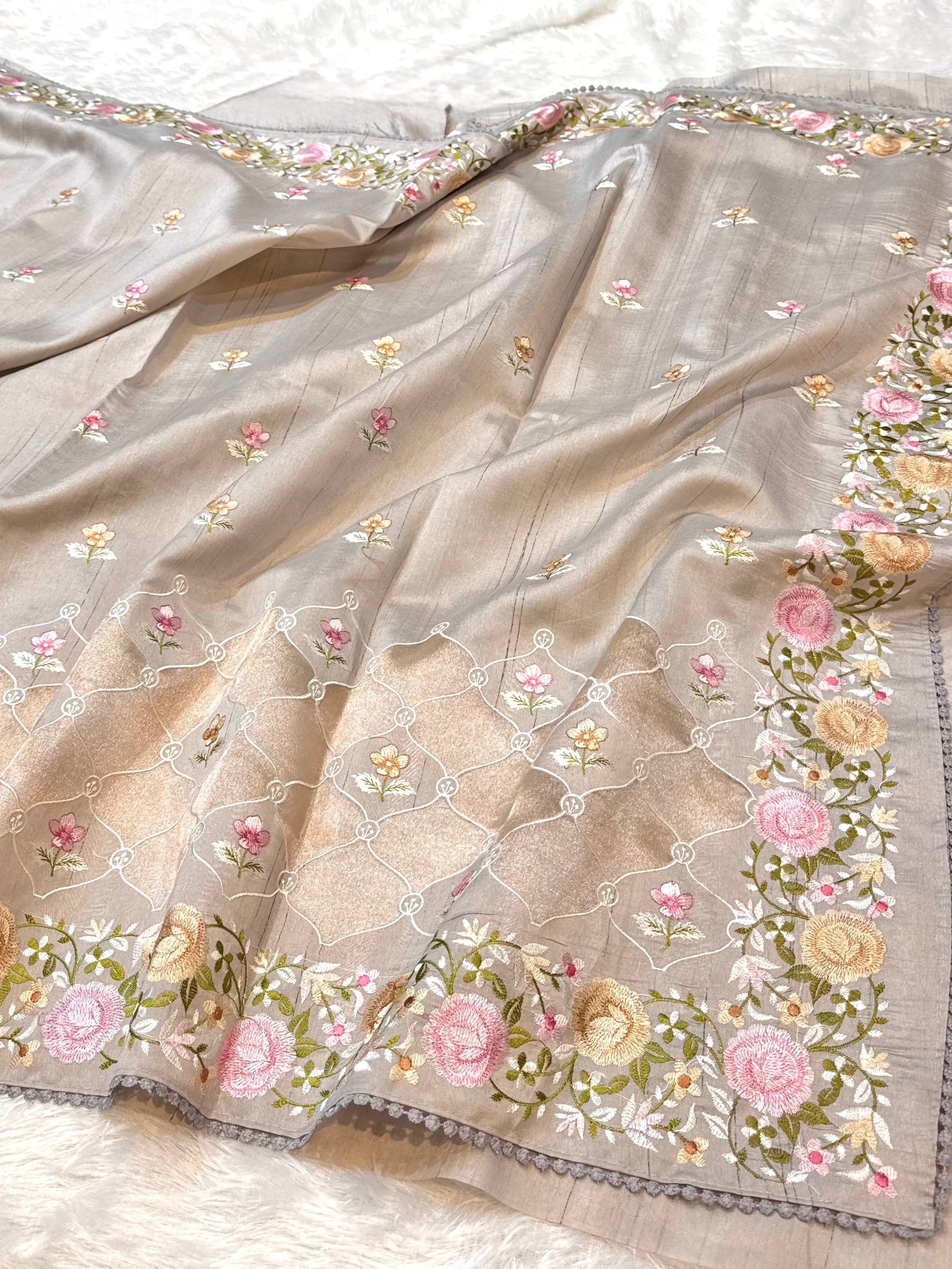 Mouse Tussar Silk Partywear Banarasi Embroidery with Tissue Applique Lightweight Sarees