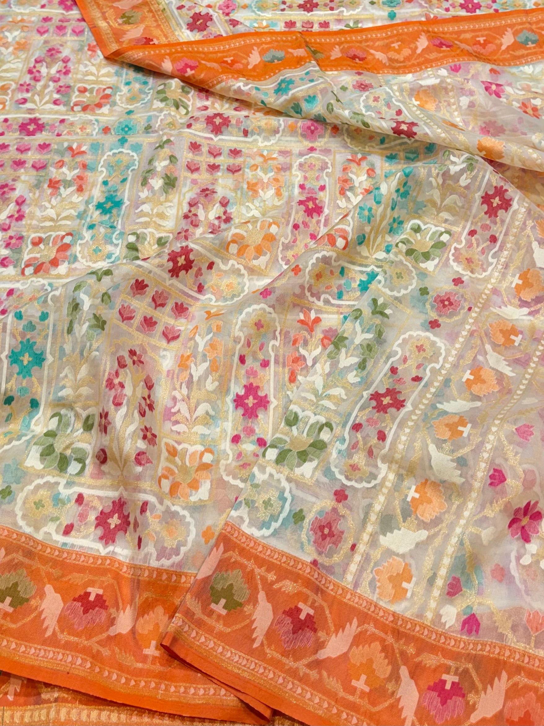 Off-White 100% Pure Ektara Banarasi Kora Jamdani Saree