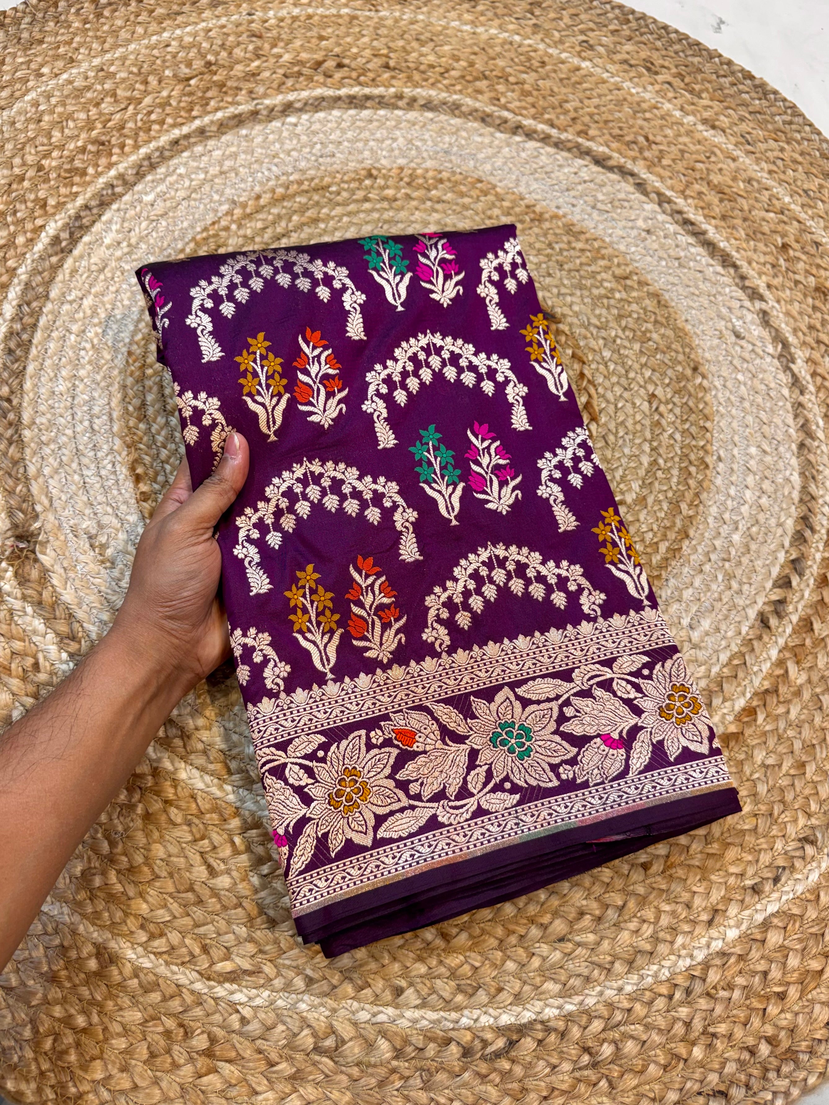 Wine Purple 100% Pure Banarasi Katan Silk Meenakari Saree