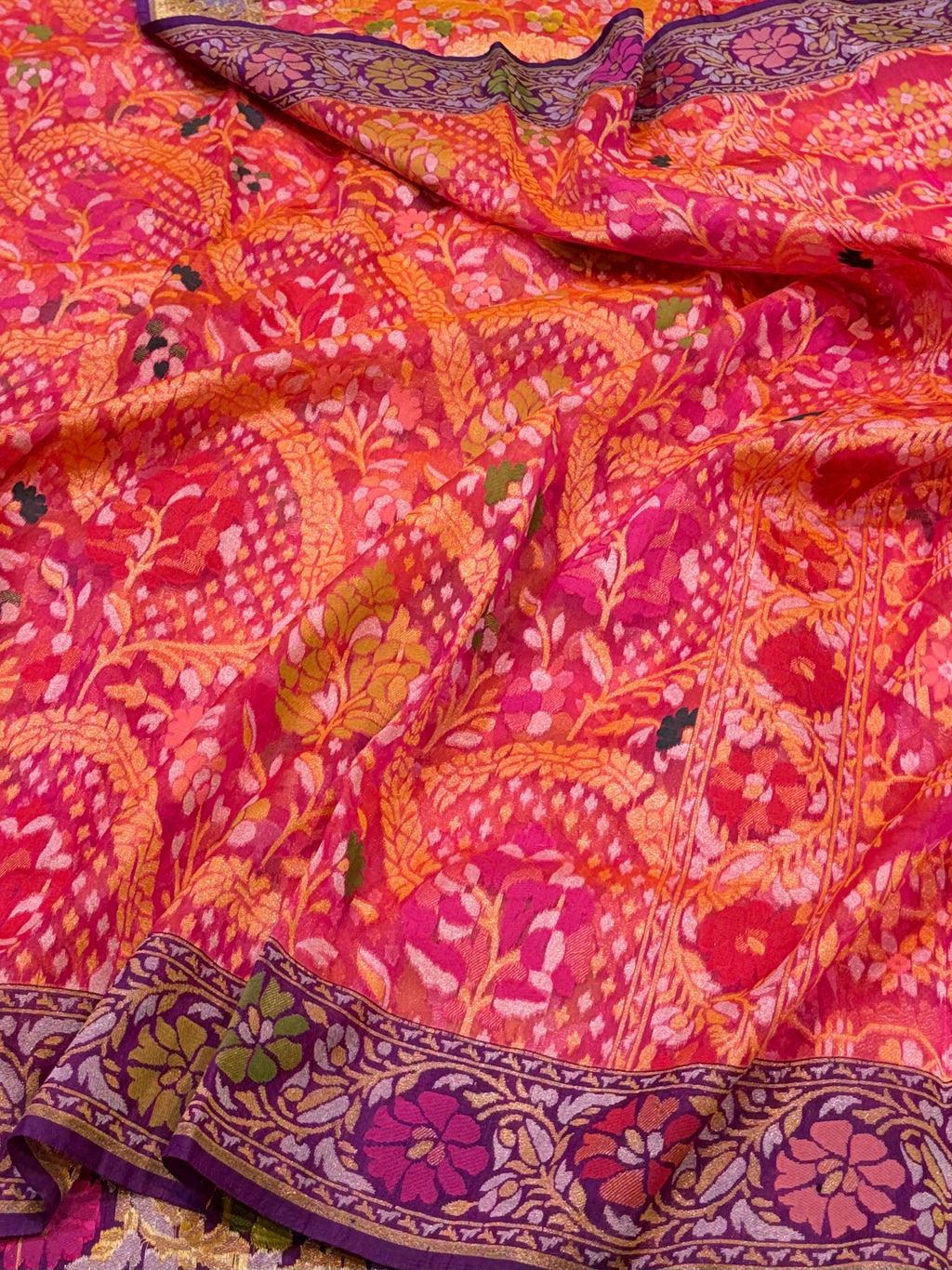 Rani Pink 100% Pure Ektara Banarasi Kora Jamdani Saree