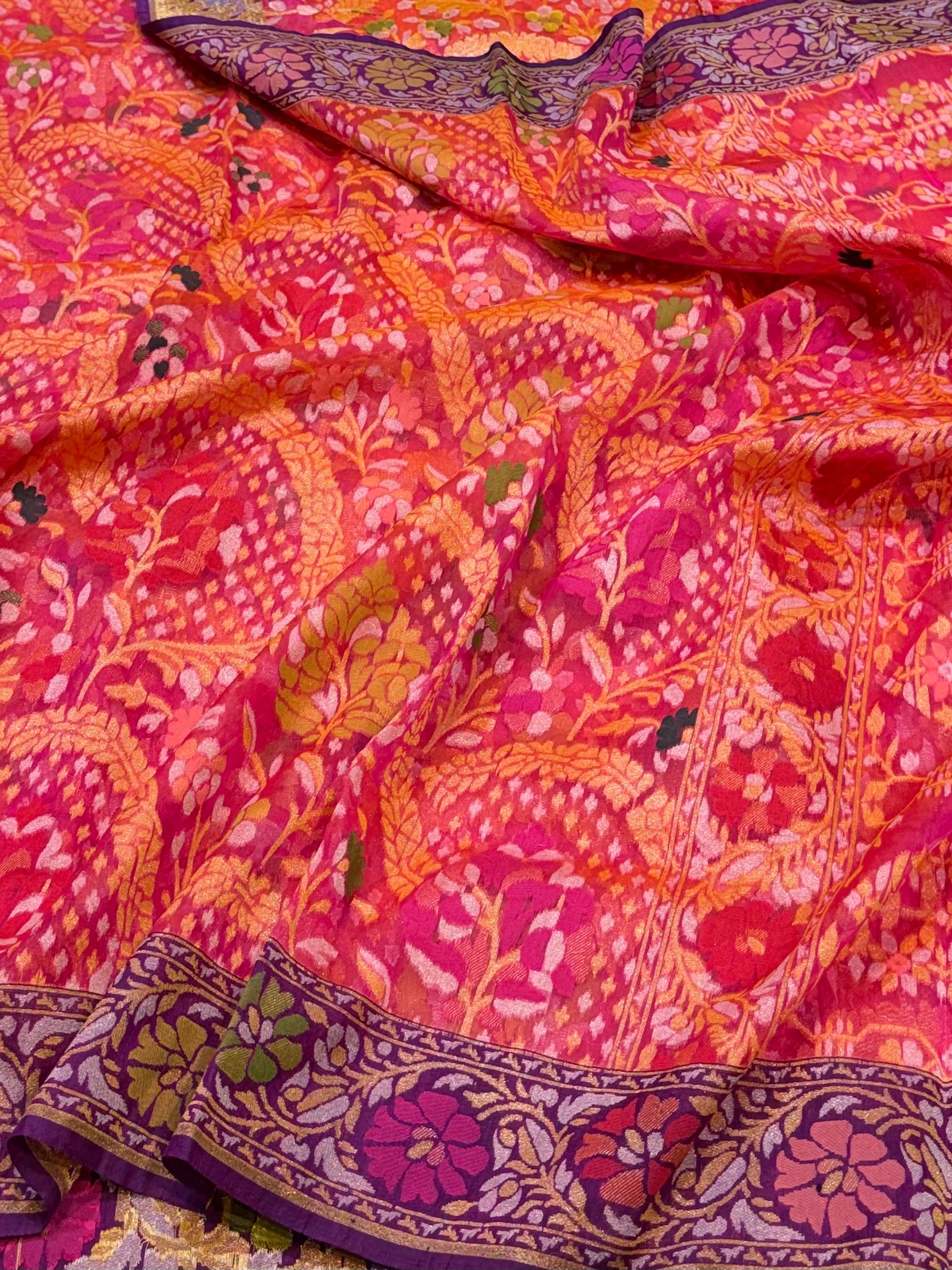 Rani Pink 100% Pure Ektara Banarasi Kora Jamdani Saree