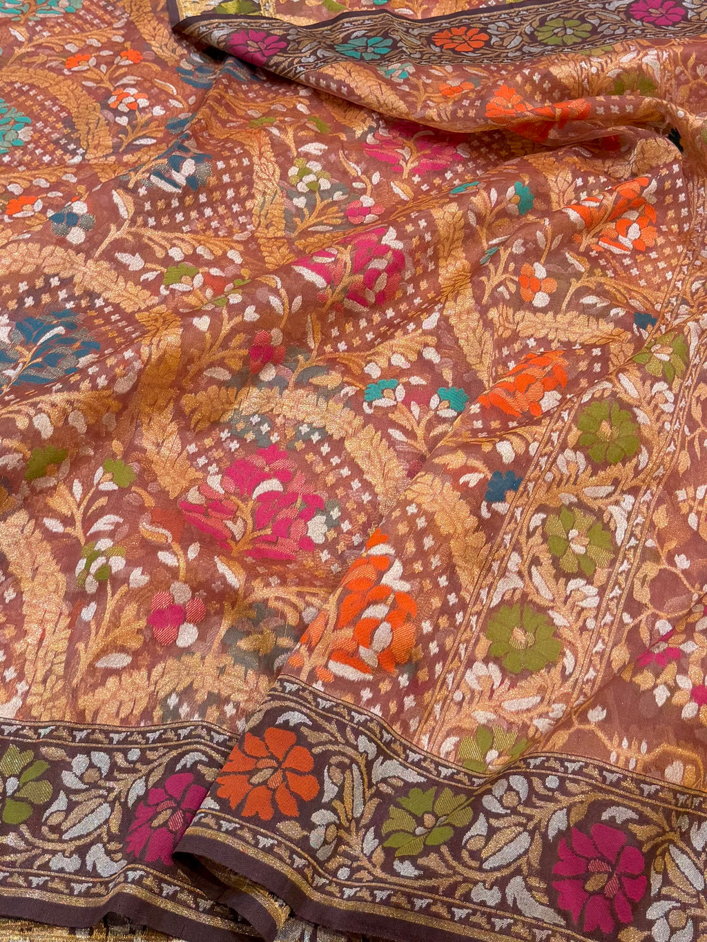 Nude Pink Pure Handloom Banarasi Ektara Kora Jamdani Saree