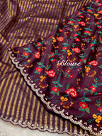 Wine 100% Pure Handloom Mul Cotton Stripes Tissue Silk Partywear Banarasi Embroidery Lightweight Sarees