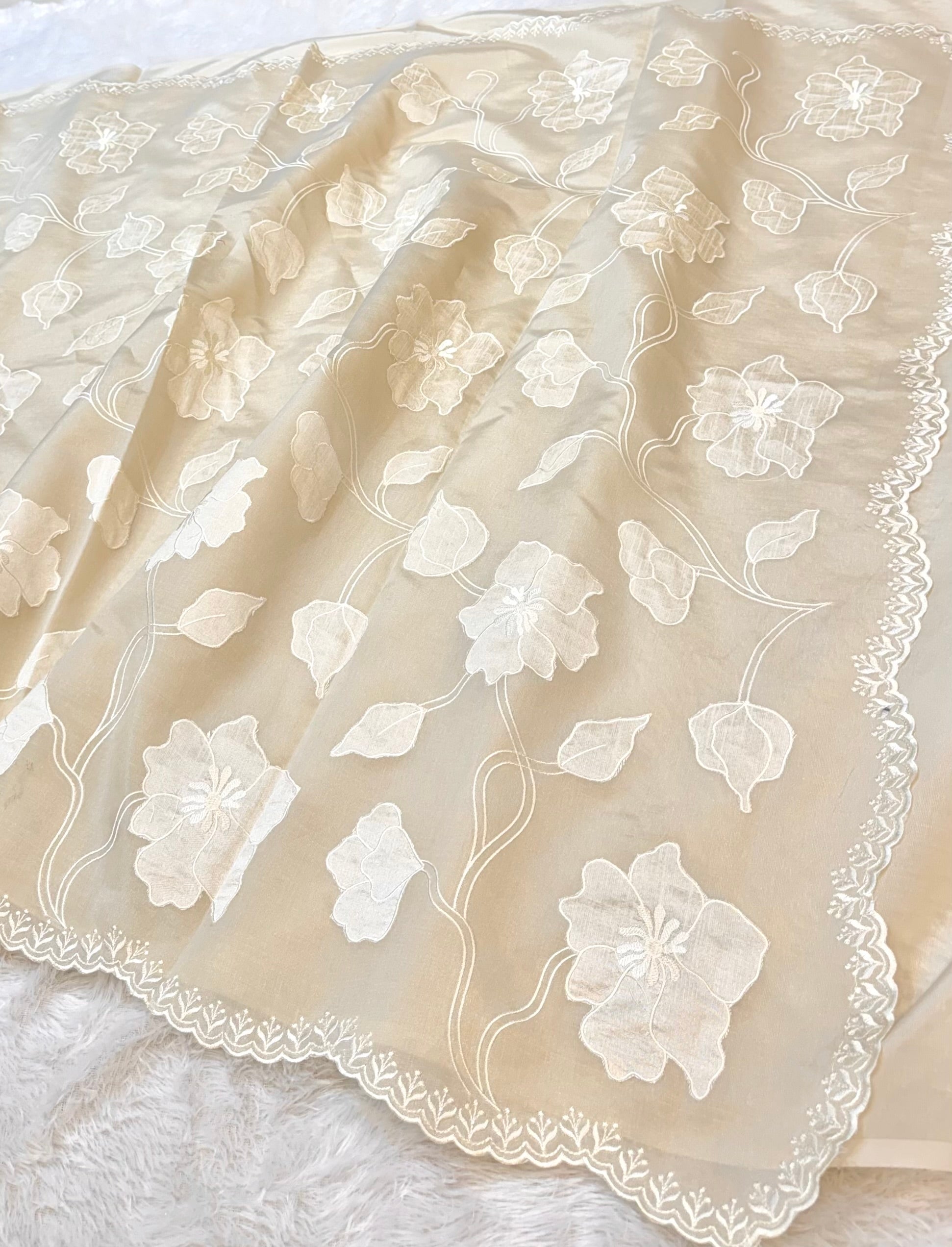 Fruity Cream Mango Silk Partywear Banarasi Embroidery Applique work Lightweight Sarees