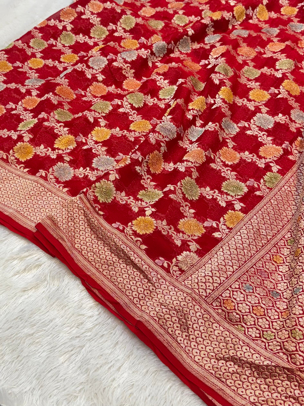 Red 100% Pure Banarasi Khaddi Georgette Meenakari Saree