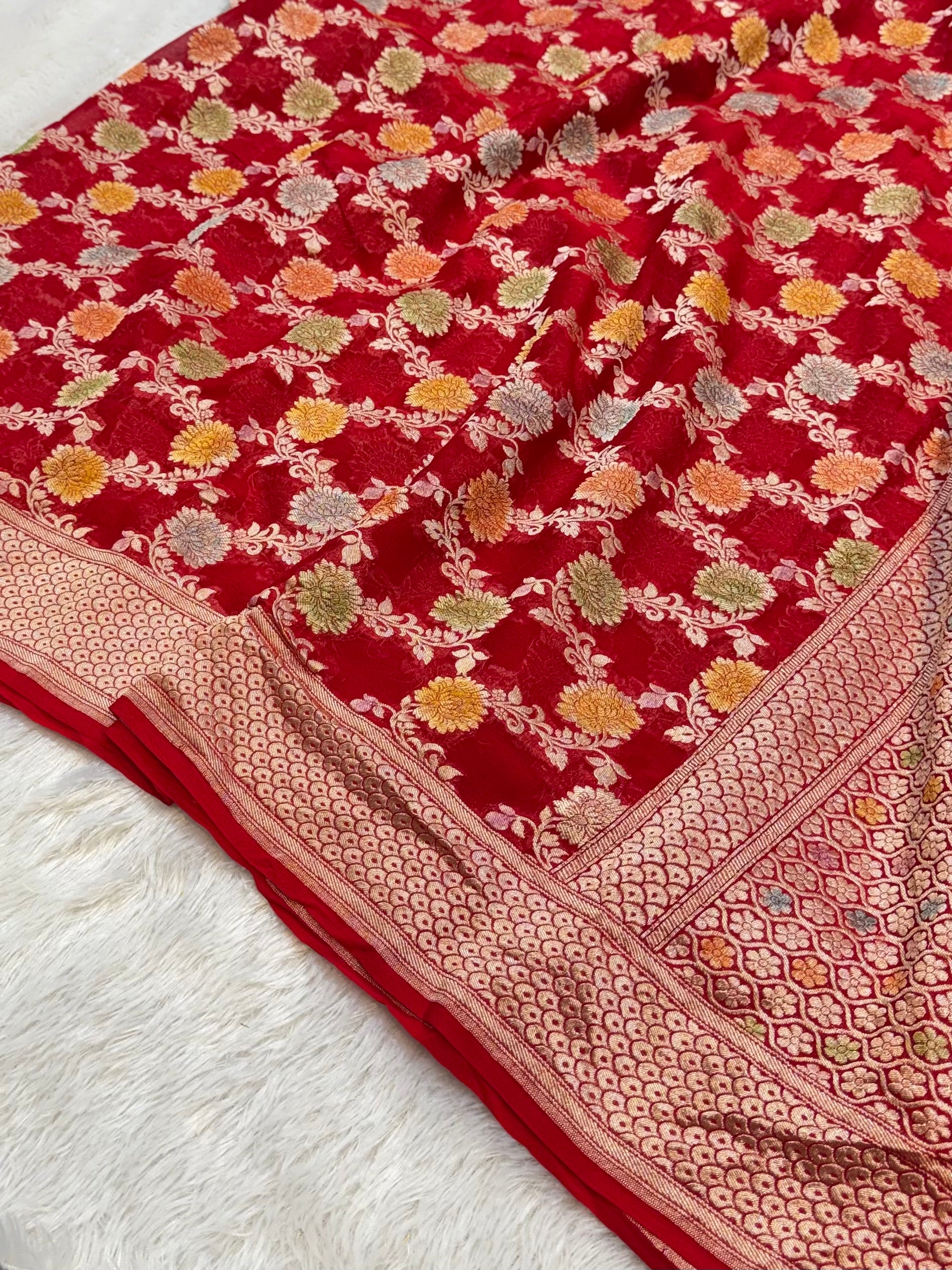 Red 100% Pure Banarasi Khaddi Georgette Meenakari Saree