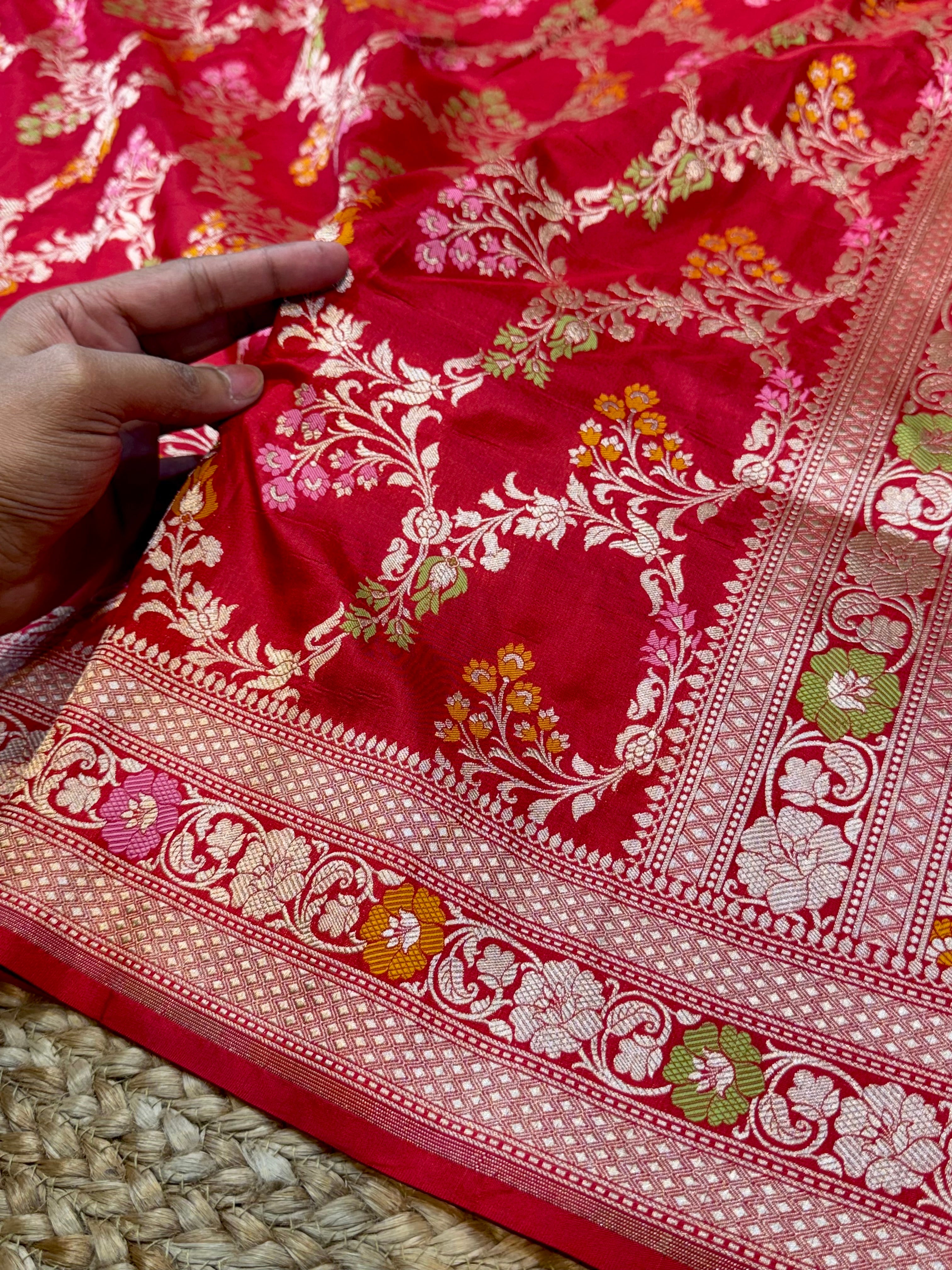 Prebook | Red 100% Pure Banarasi Katan Silk Meenakari Saree