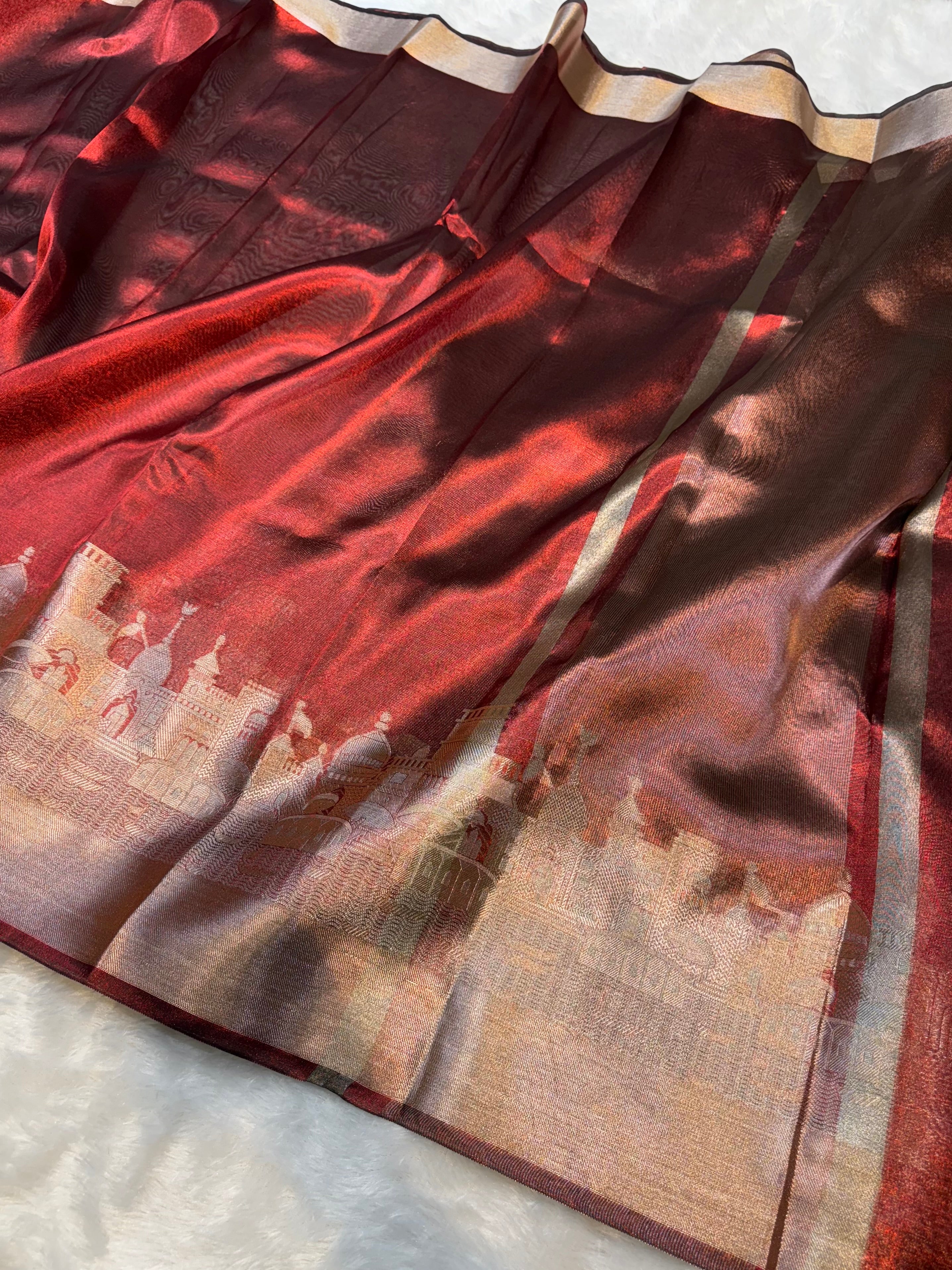 Diamond Maroon Tissue Silk Partywear Banarasi Ghat Lightweight Saree