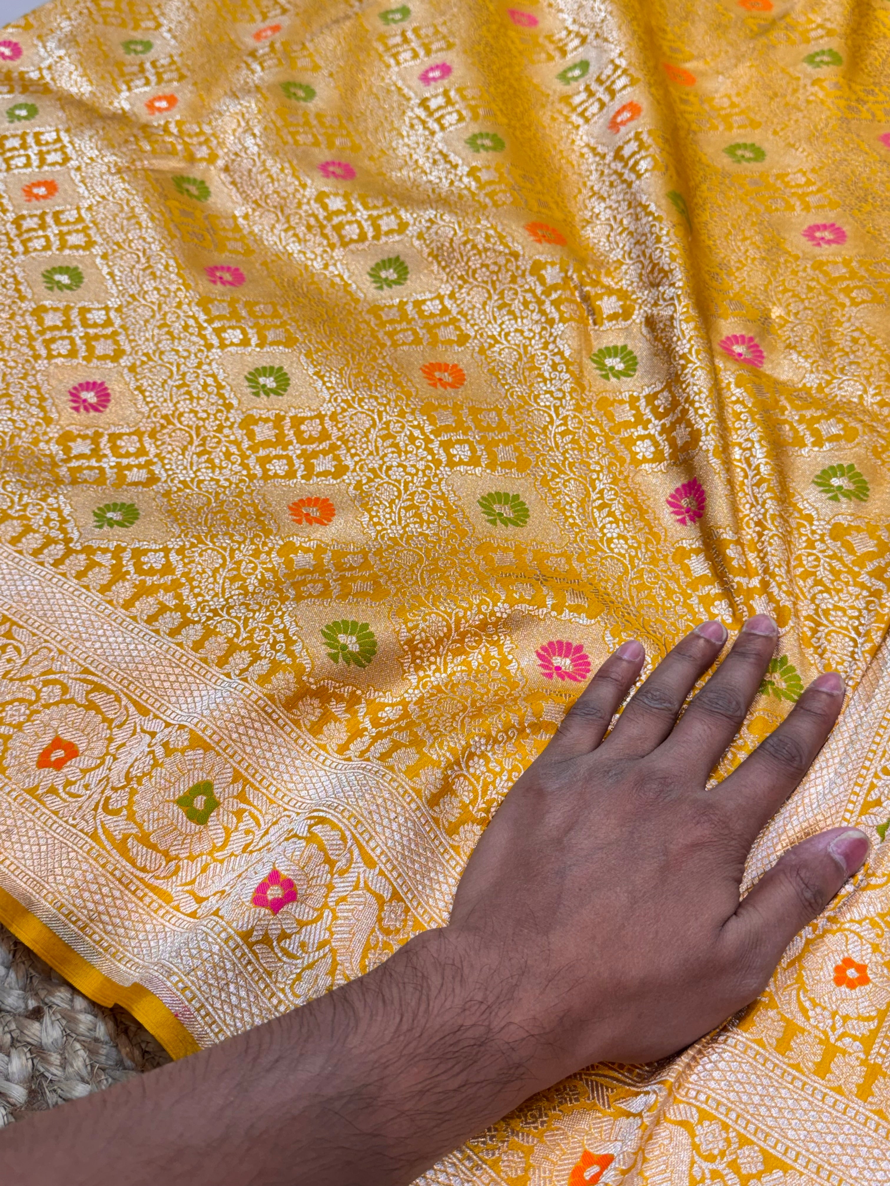Yellow 100% Pure Banarasi Katan Silk Meenakari Brocade Saree