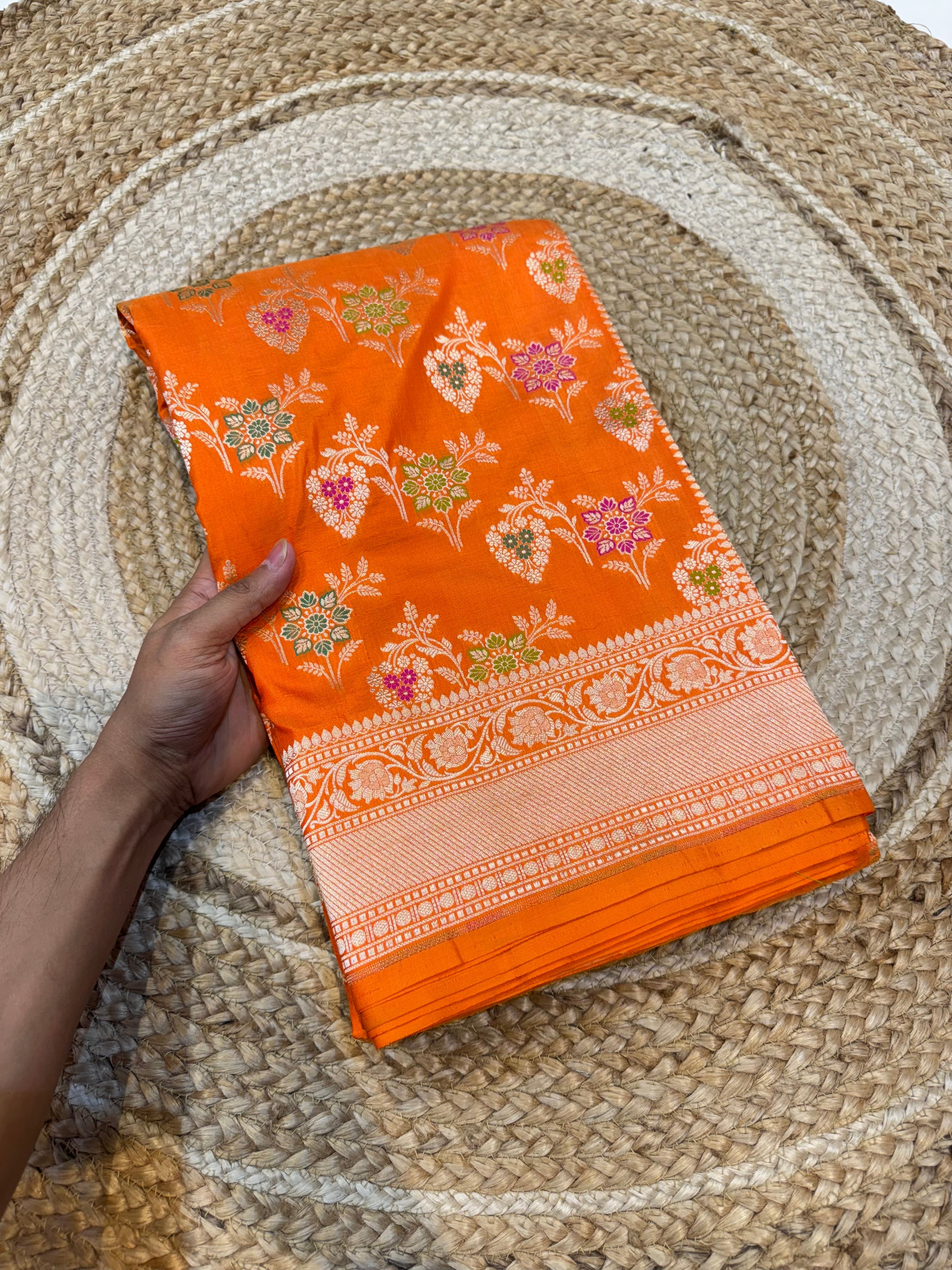 Prebook | Fanta Orange 100% Pure Banarasi Katan Silk Meenakari Saree