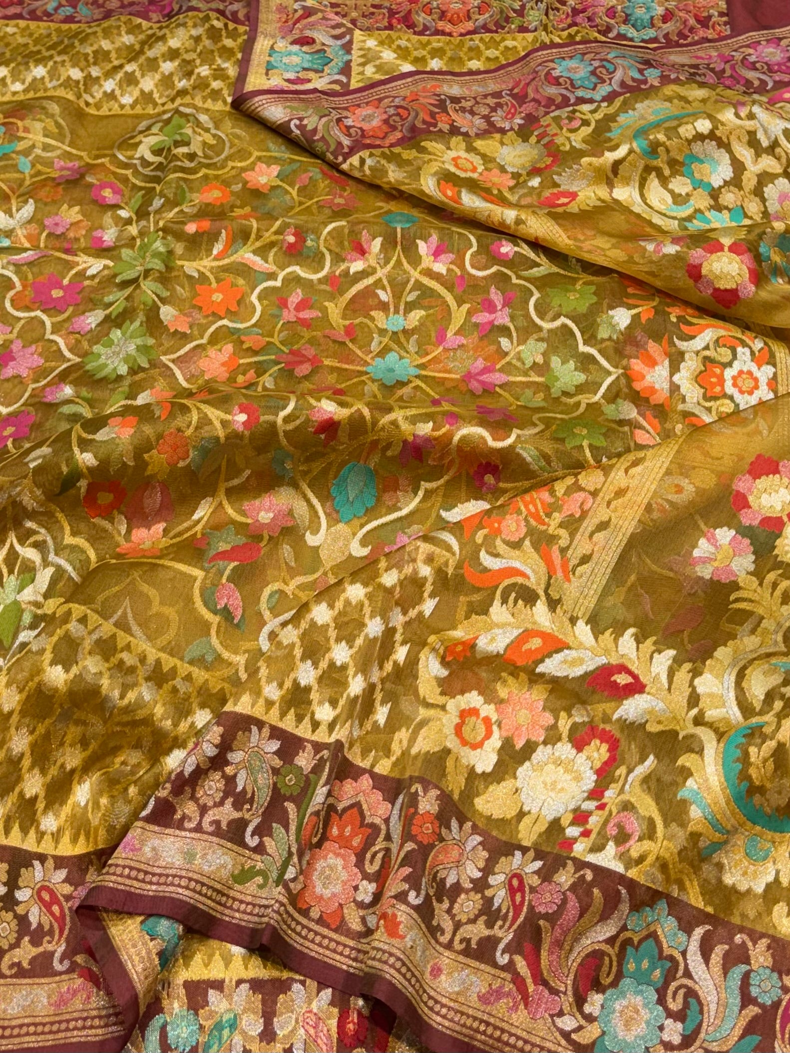 Olive Green 100% Pure Ektara Banarasi Kora Jamdani Saree
