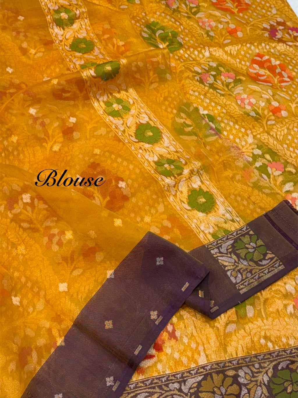 Prebook | Sunflower Yellow 100% Pure Ektara Banarasi Kora Jamdani Saree