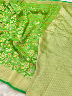Parrot Green 100% Pure Banarasi Khaddi Georgette Handbrush Meenakari Saree