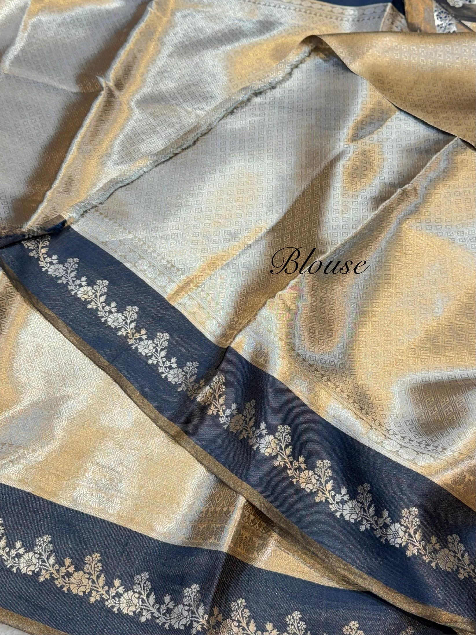Navy Blue 100% Pure Banarasi Molten Tissue Silk Brocade Saree