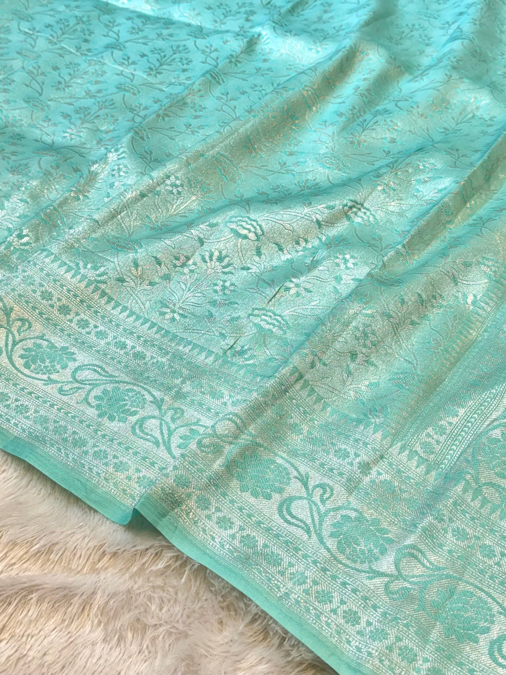 Cyan Blue Pure Handloom Banarasi Mashru Silk Saree