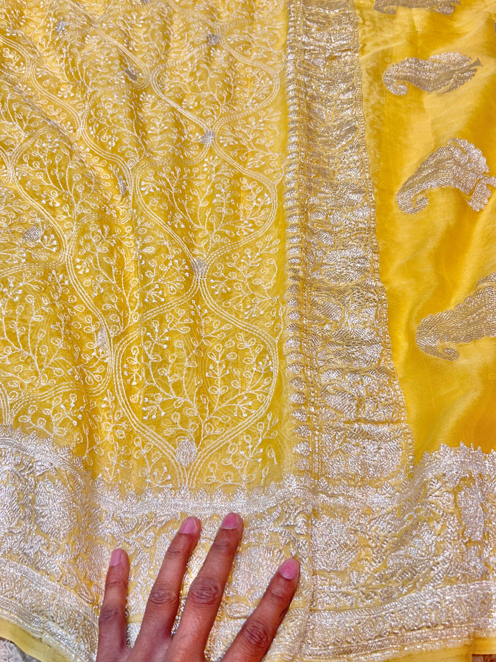 Lemon Yellow 100% Pure Khaddi Georgette Silver Zari ChikanKari Handloom Saree